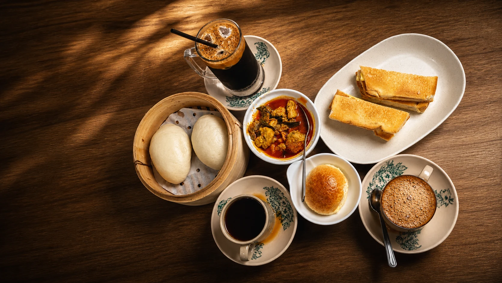 Table spread with steamed buns, toast, drinks and small dishes