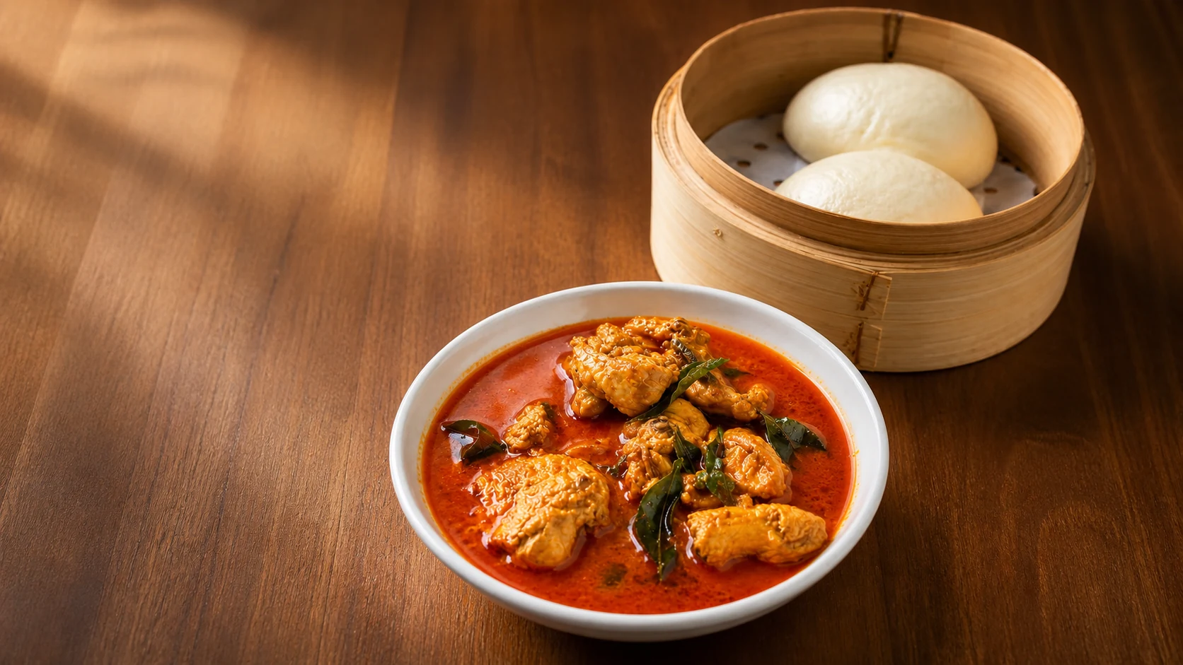 Steamed buns in a bamboo basket beside a bowl of red curry