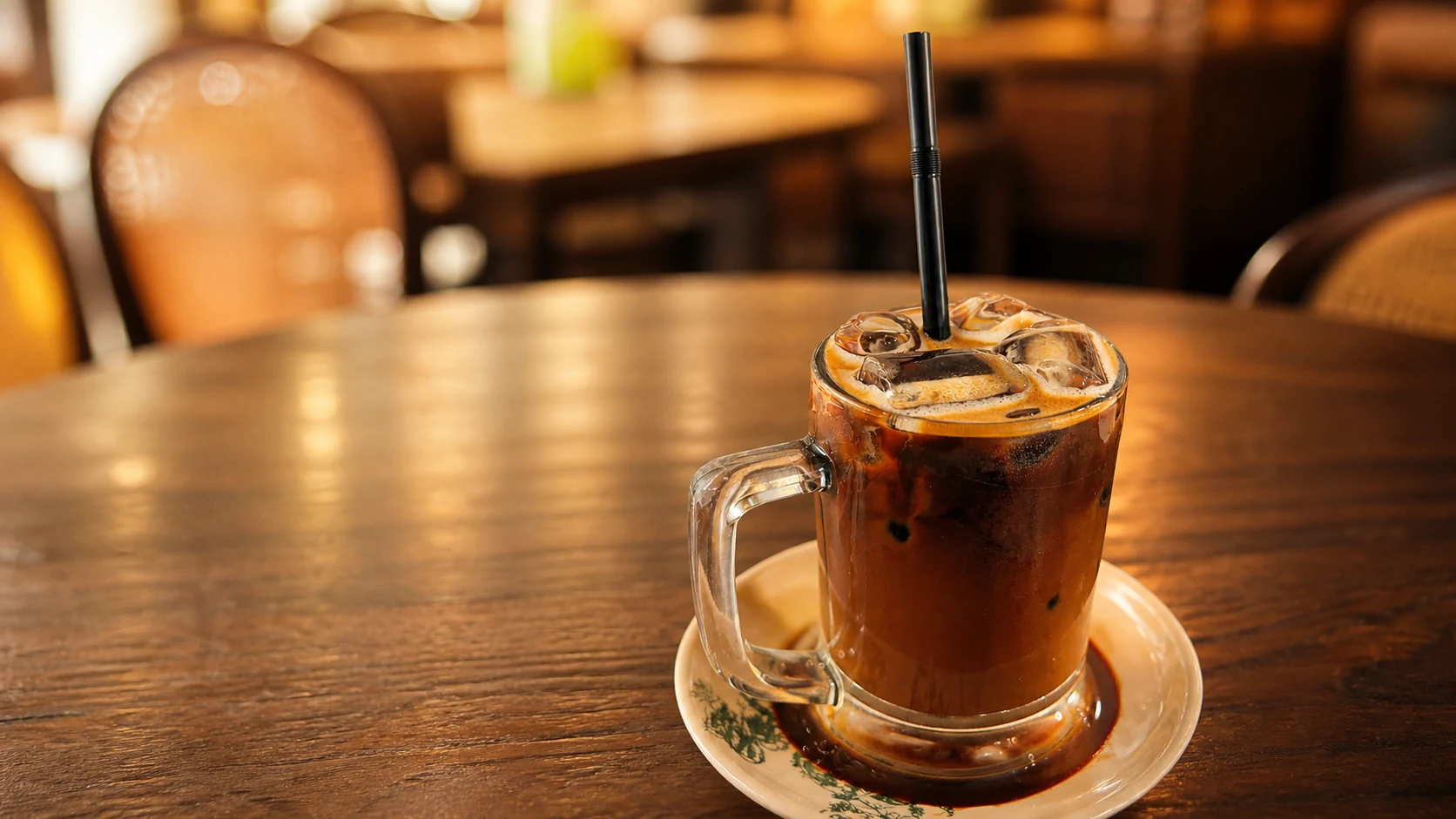 Iced coffee in a glass mug on a café table