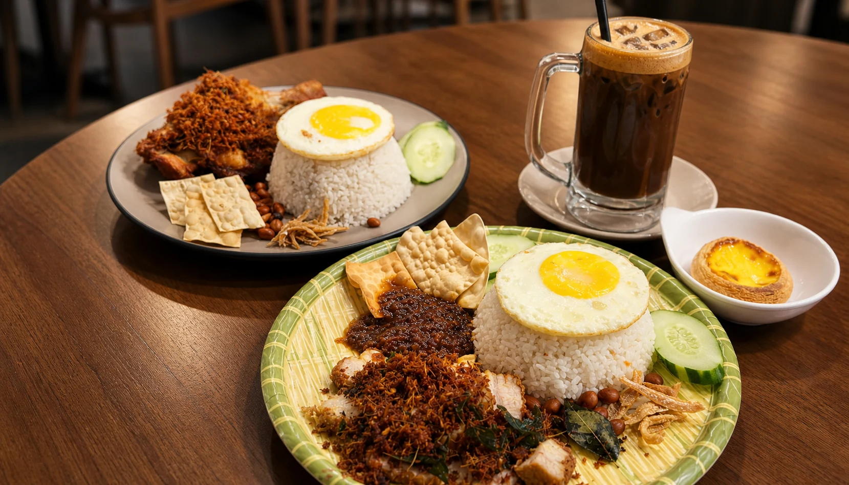 Two rice plates with fried eggs and side dishes beside an iced drink