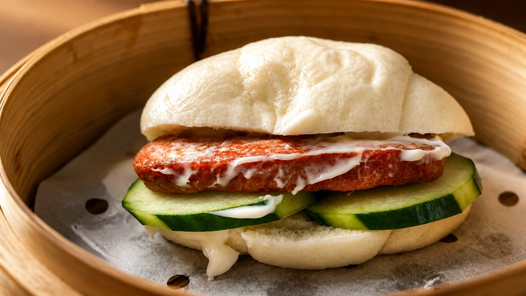 Steamed white bun with a fried filling and cucumber slices in a bamboo basket