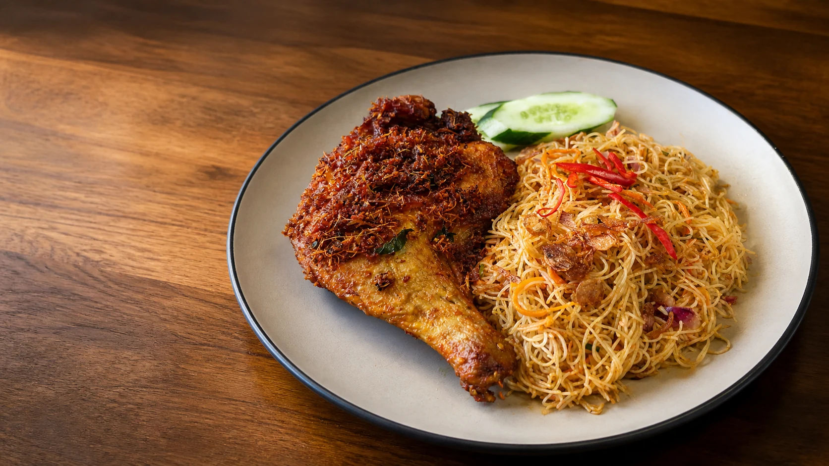Plate of thin noodles with a piece of chicken and sliced cucumber